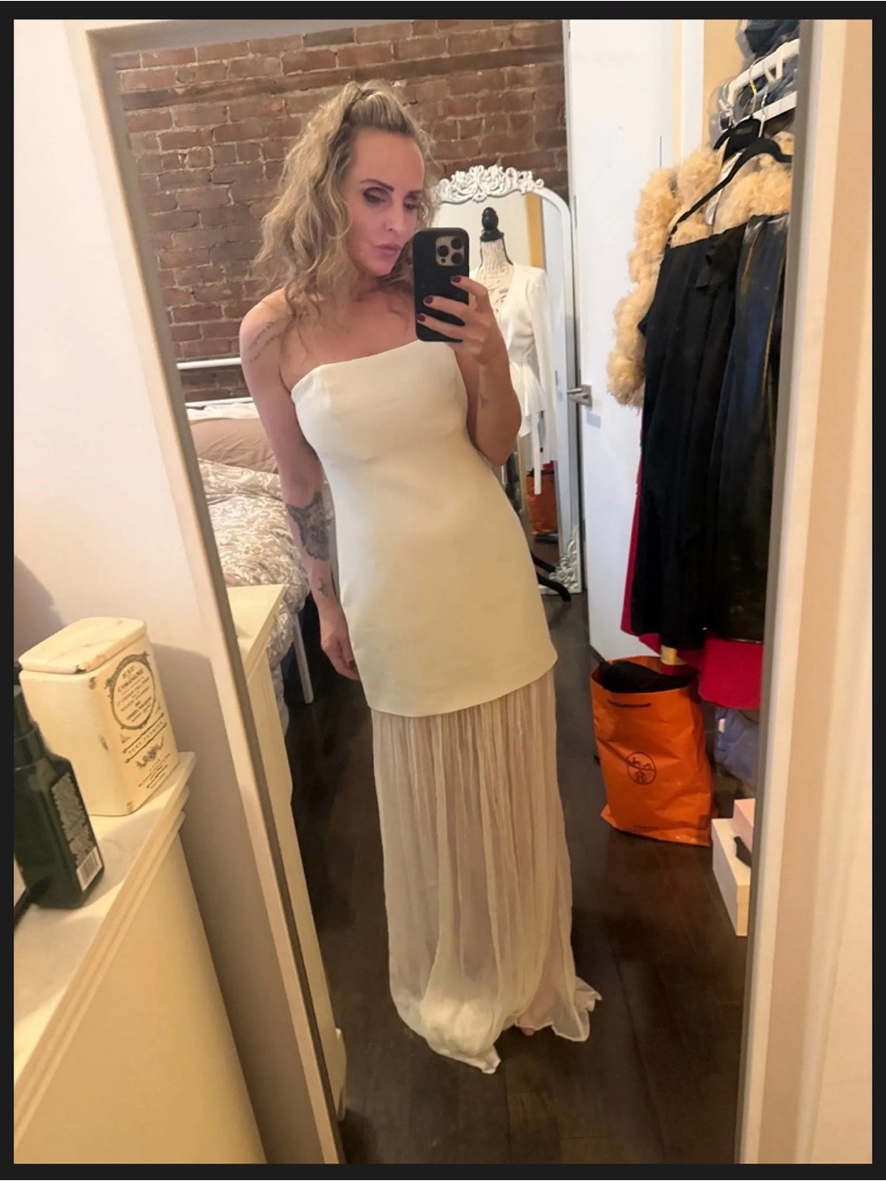 L'Academie Ivory Strapless Pleated-Hem Midi Dress